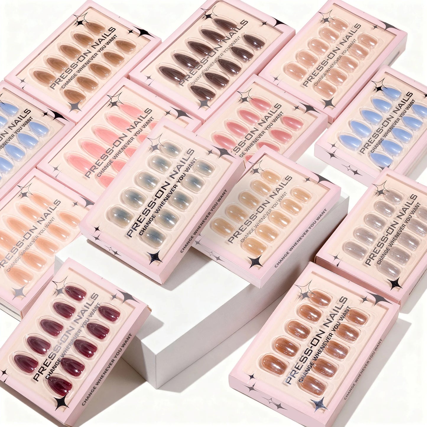Holographic Nails almond press on nails Wholesale artificial fingernails  with glue wipe and file reusable fake nails nude