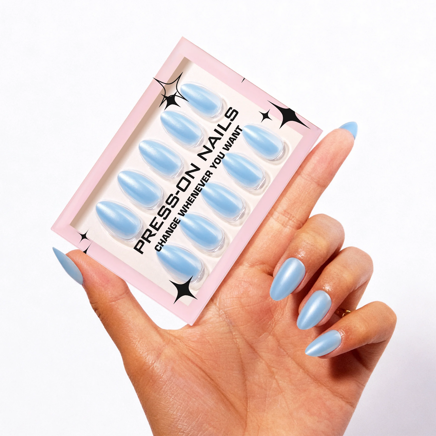 Holographic Nails almond press on nails Wholesale artificial fingernails  with glue wipe and file reusable fake nails nude