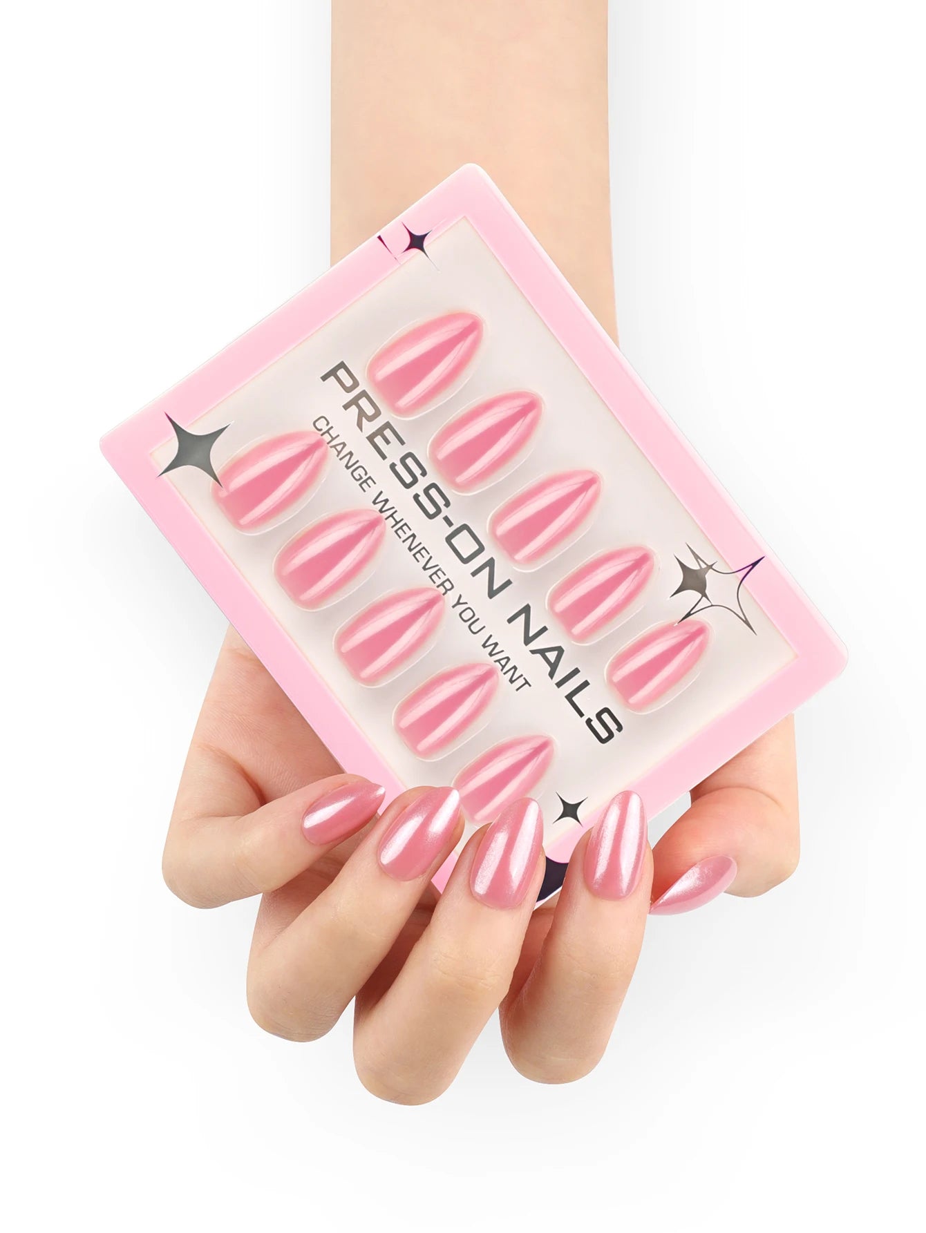 Holographic Nails almond press on nails Wholesale artificial fingernails  with glue wipe and file reusable fake nails nude
