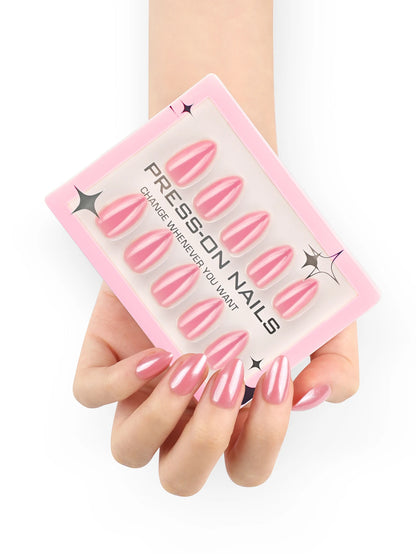 Holographic Nails almond press on nails Wholesale artificial fingernails  with glue wipe and file reusable fake nails nude