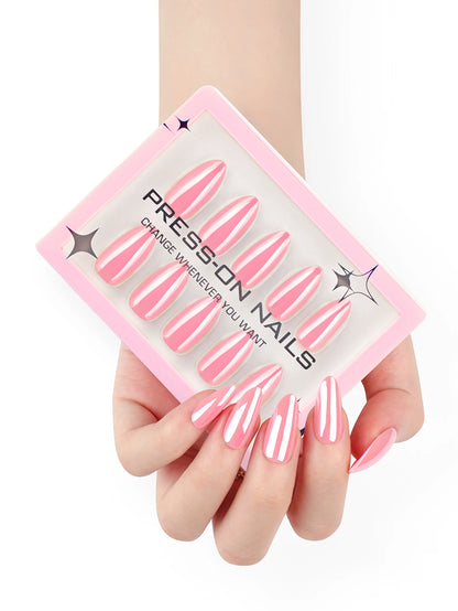 Holographic Nails almond press on nails Wholesale artificial fingernails  with glue wipe and file reusable fake nails nude