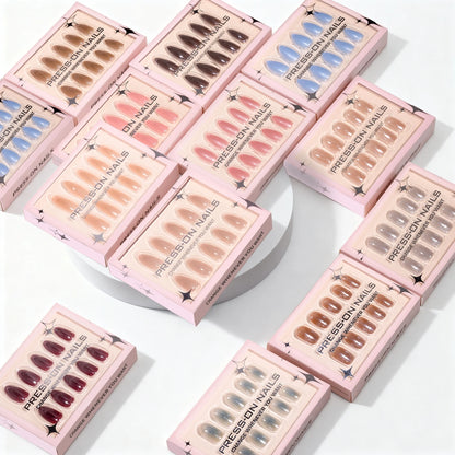 Holographic Nails almond press on nails Wholesale artificial fingernails  with glue wipe and file reusable fake nails nude
